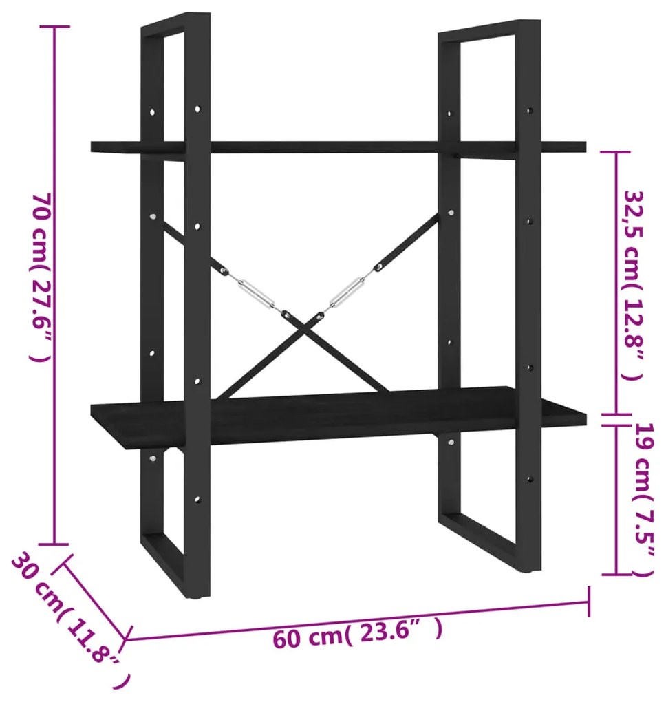 Estante com 2 prateleiras 60x30x70 cm pinho maciço preto