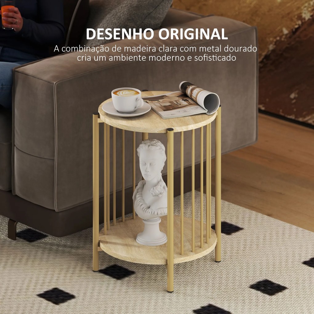 Mesa Lateral Redonda de 2 Níveis com Prateleira de Armazenamento e Estrutura de Aço para Sala e Quarto Ø41x49 cm Madeira