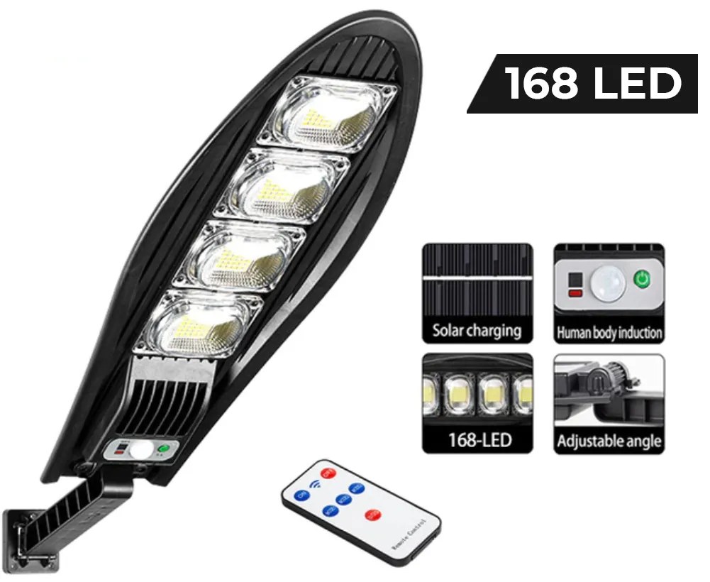 Foco Solar LED 168 Leds Exterior + Sensor Movimento + Controlo Remoto