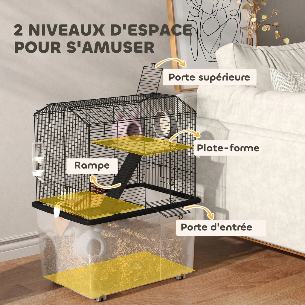 Gaiola para hamsters e roedores de 3 andares 57 x 43 x 74 cm, com rodas, plataforma e escada em arame de aço, preta