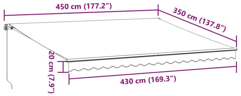 Toldo retrátil manual com luz LED 450x350 cm castanho