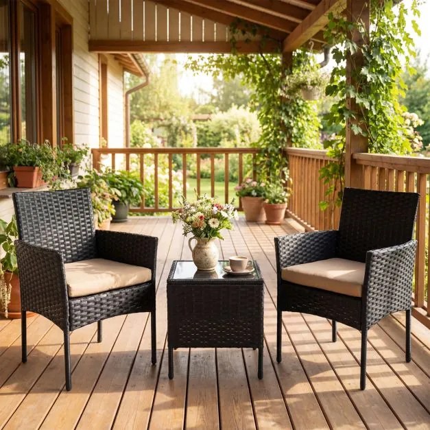 Conjunto de móveis de jardim de 3 peças em rattan com 2 cadeiras e Mesa auxiliar de vidro para terraço, pátio ou varanda Castanho+Preto