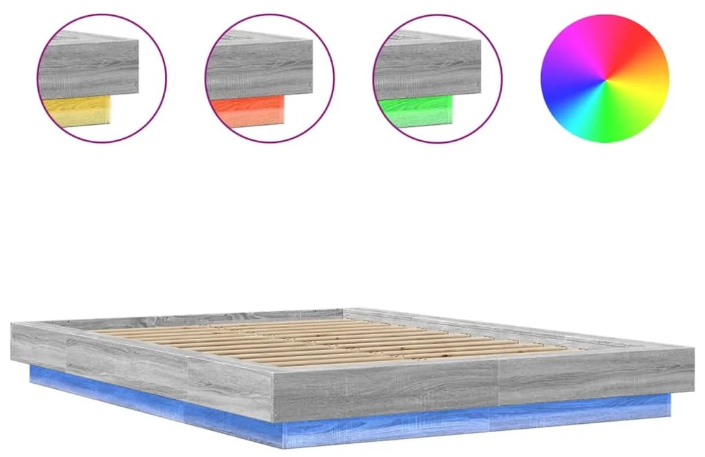 Estrutura de cama c/ luzes LED derivados madeira cinza sonoma