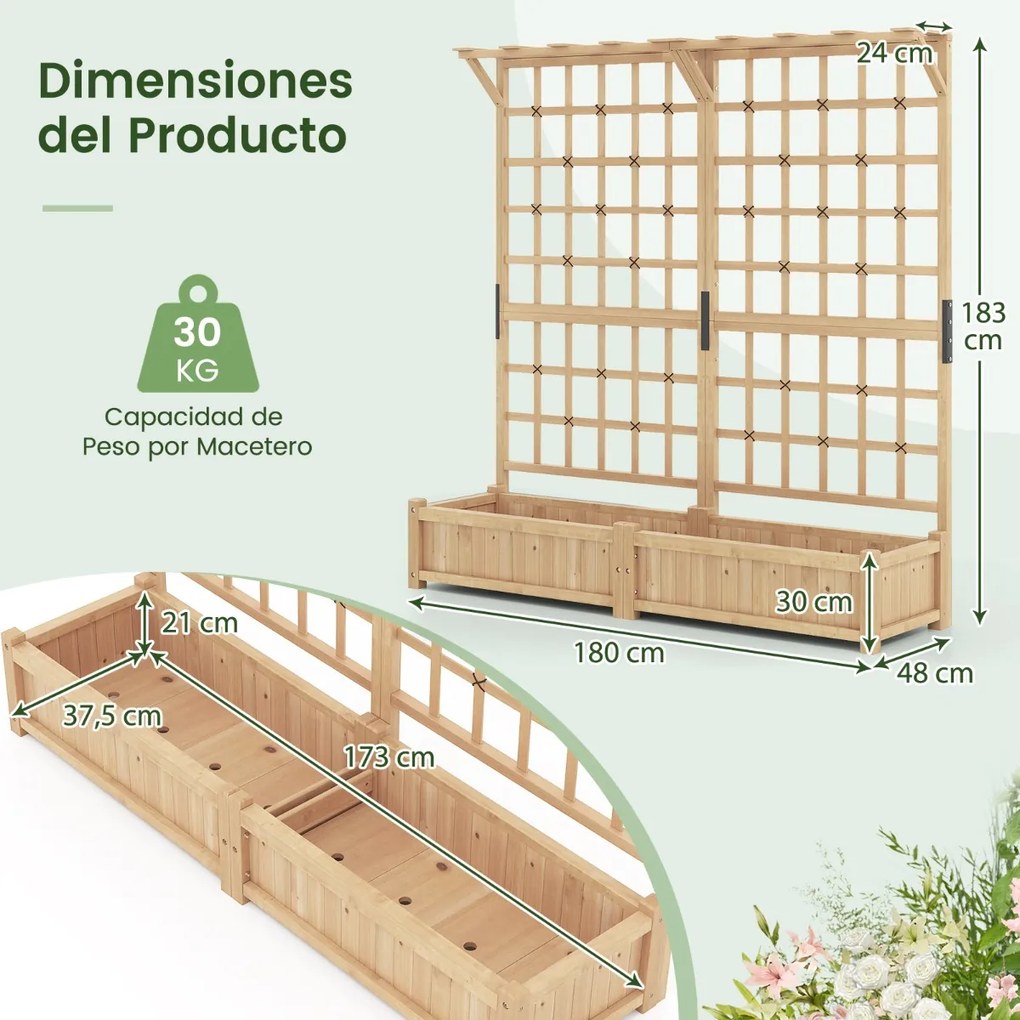 Floreira de jardim elevada em madeira, 180 x 48 x 183 cm, com treliça, teto suspenso, 2 caixas, tabuleiro removível, plantas trepadeiras e flores natu