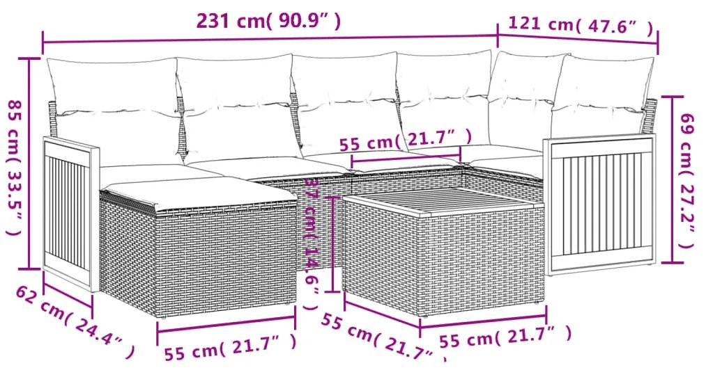 7 pcs conjunto de sofás p/ jardim com almofadões vime PE bege
