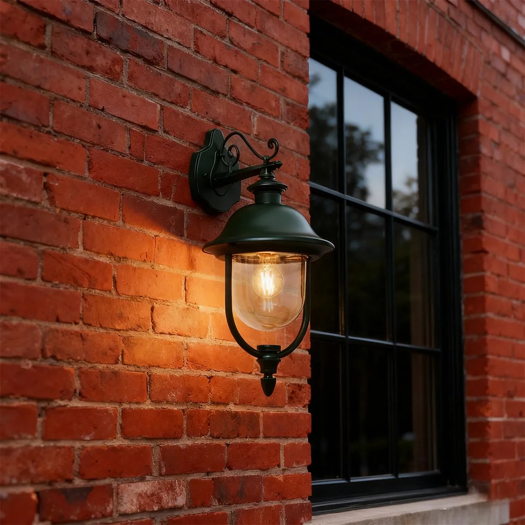 Candeeiro de parede exterior clássico verde-escuro com vidro transparente - Genoa