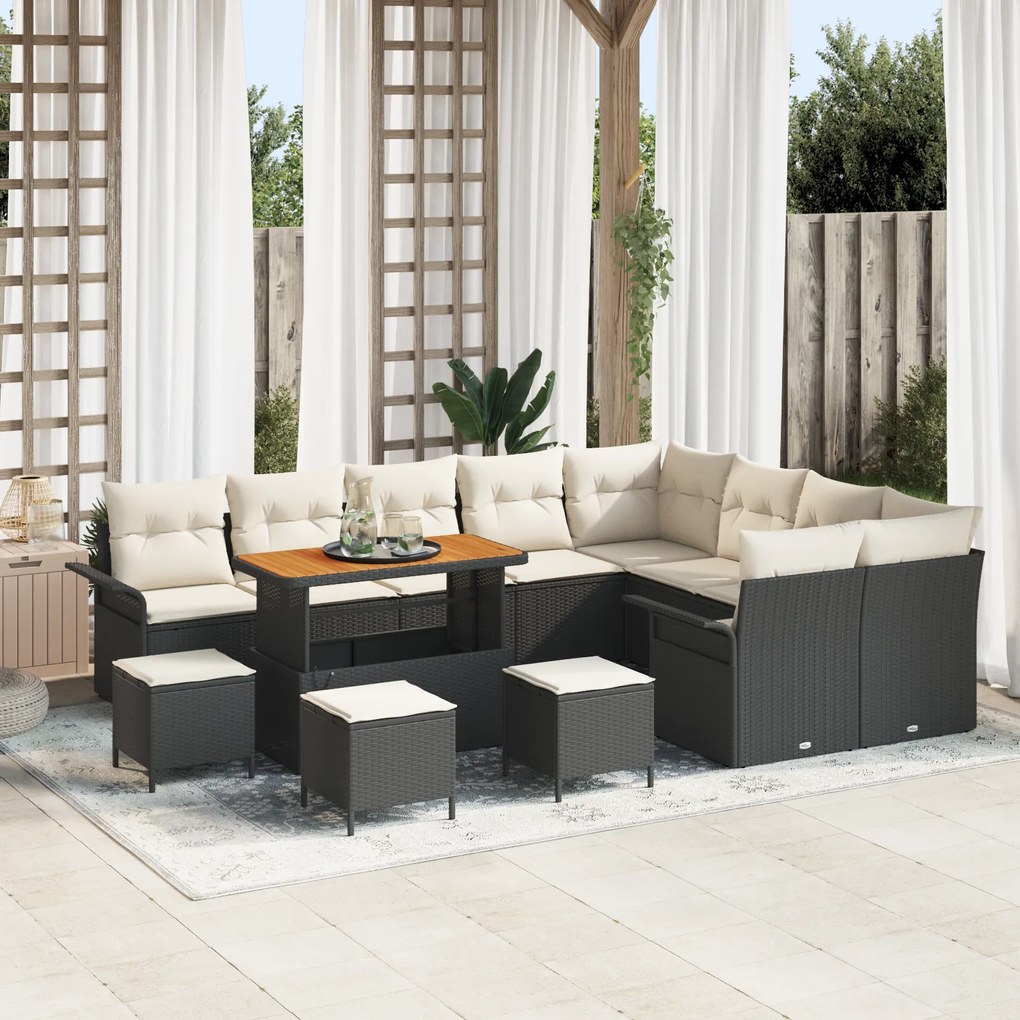 Conjunto de Sofá de Jardim com 13 Peças com Almofadas Preto Vime Acáci