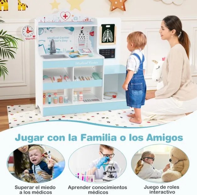 Hospital de brincar infantil com 24 acessórios Relógio Torneira Lavatório Monitor ECG para crianças a partir dos 3 anos 97 x 30,5 x 88 cm Azul