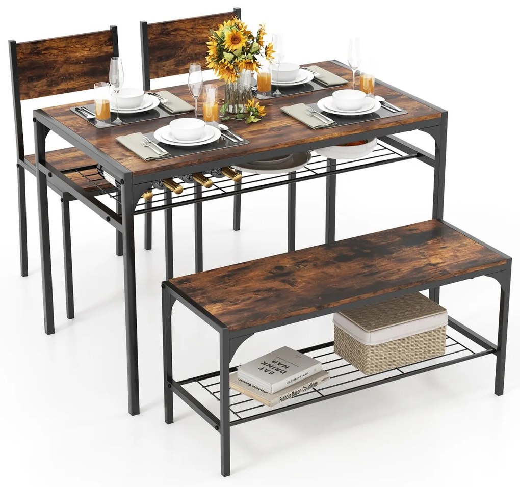 Conjunto de mesa de 2 cadeiras e um banco de jantar com estrutura em metal e prateleira moderna, para sala de jantar e cozinha castanho