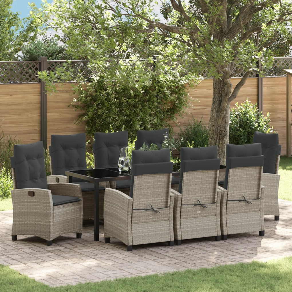 vidaXL Conjunto de Jantar de Jardim de 9 Peças com Almofadas em Rattan Polímero Cinza Claro