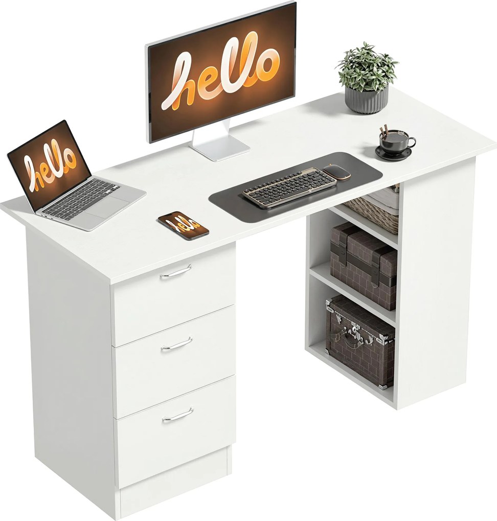 HOMCOM Mesa de Computador de Mesa para Casa Escritório 3 Gavetas 3 Prateleiras Móveis de Escritório 120x49x72 cm | Aosom Portugal