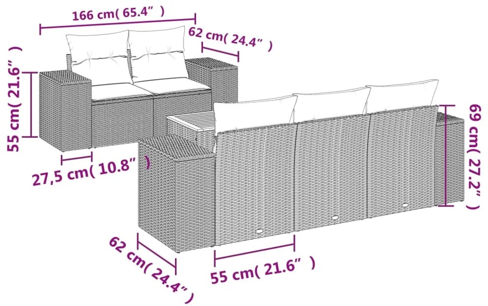 6 pcs conjunto sofás de jardim com almofadões vime cinzento