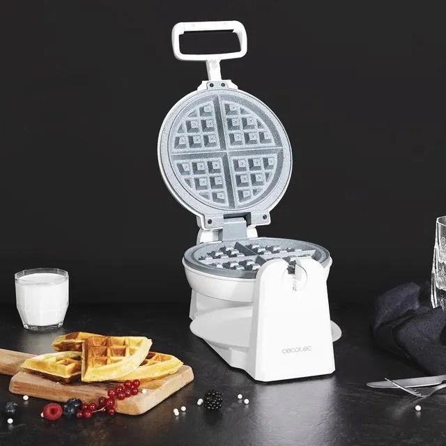 Máquina de waffles de 1000 W Fun Gofrestone Sphere, revestimento antiaderente RockStone, design circular, rotação de 180° para uma utilização ótima, i