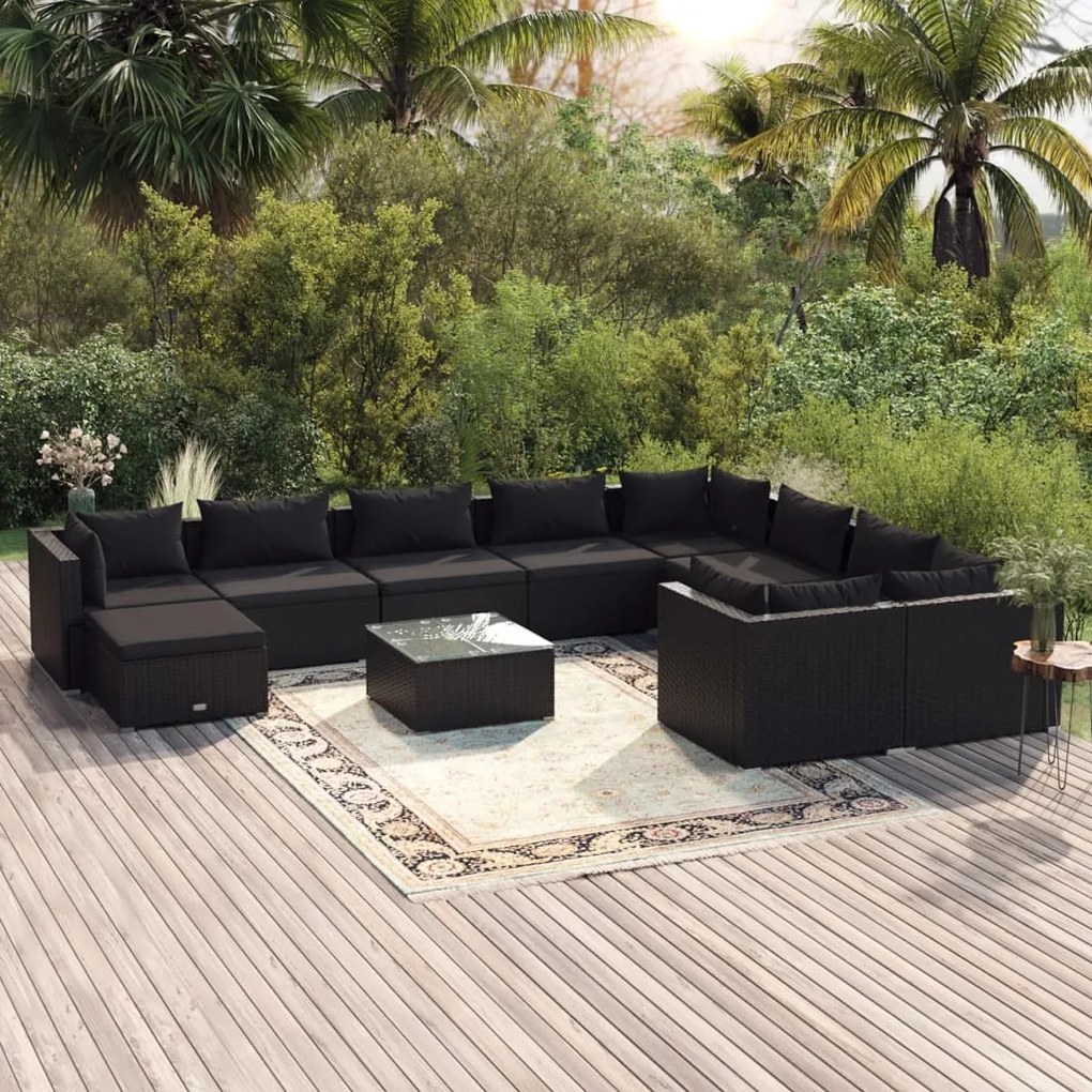 vidaXL 11 pcs conjunto lounge de jardim c/ almofadões vime PE preto