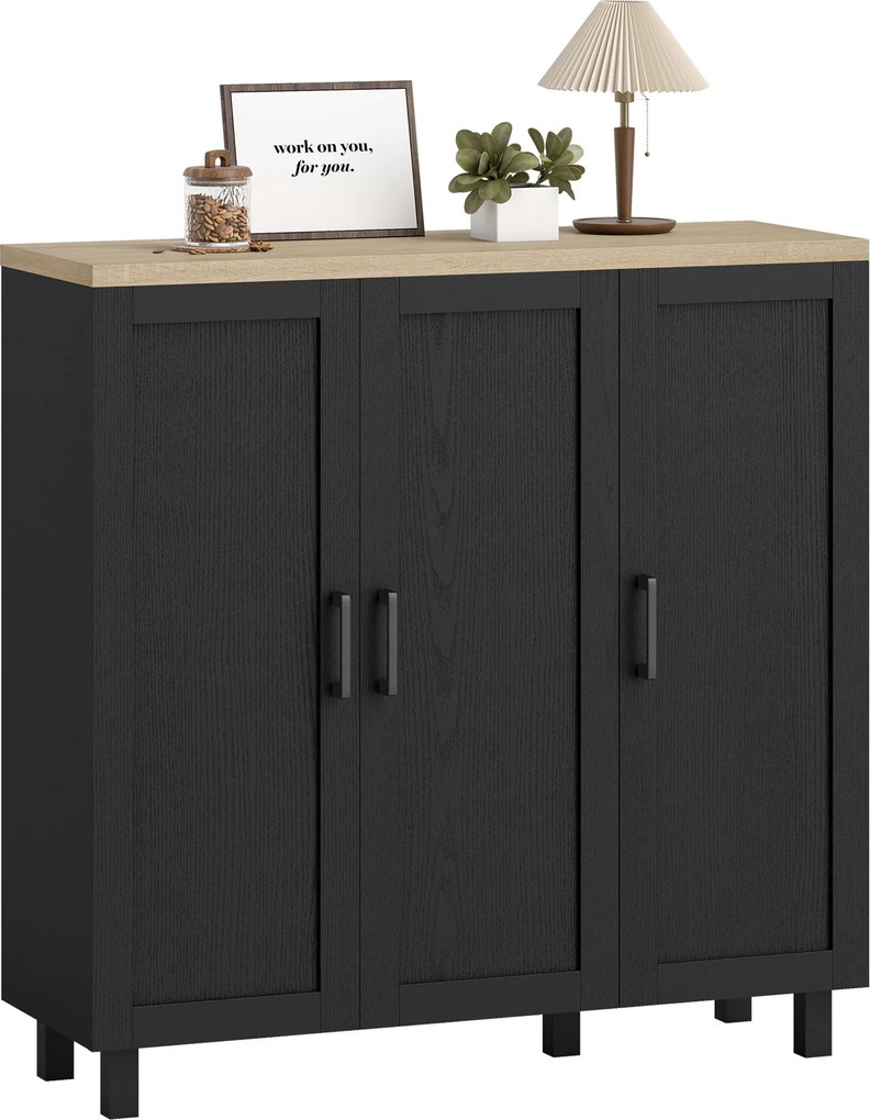 Aparador para Sala de Estar Móvel Buffet com 3 Portas e Prateleiras Ajustáveis 90x30x90 cm Preto e Madeira