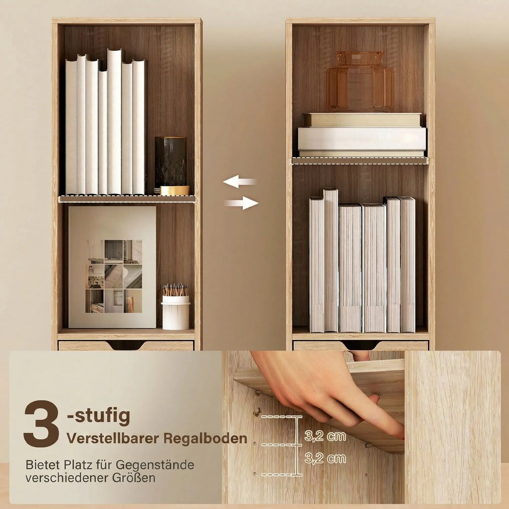 Biblioteca, estante para livros 30 x 24 x 158 cm, móvel de arrumação com gaveta, armário e compartimentos abertos, cor natural
