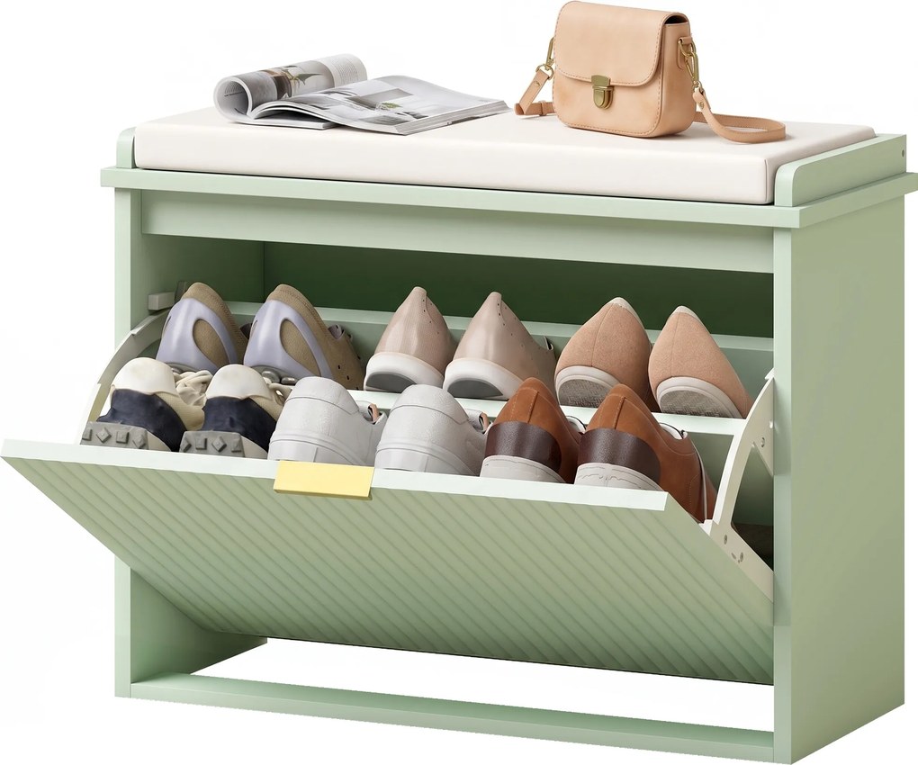 Banco para Sapatos, 62 x 26 x 47,5 cm, Duas Gavetas com Prateleiras Reguláveis, Verde