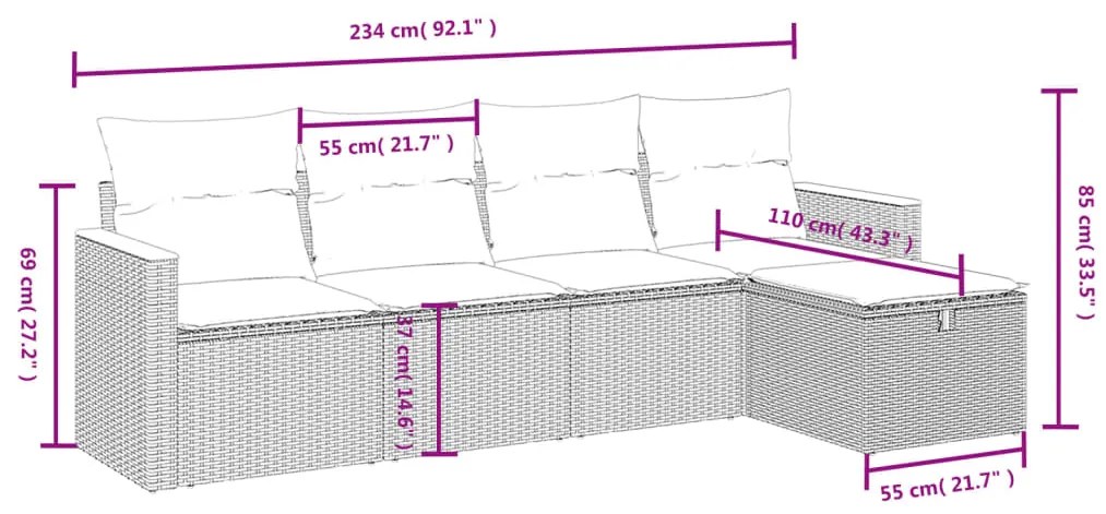5 pcs conjunto sofás de jardim com almofadões vime PE preto