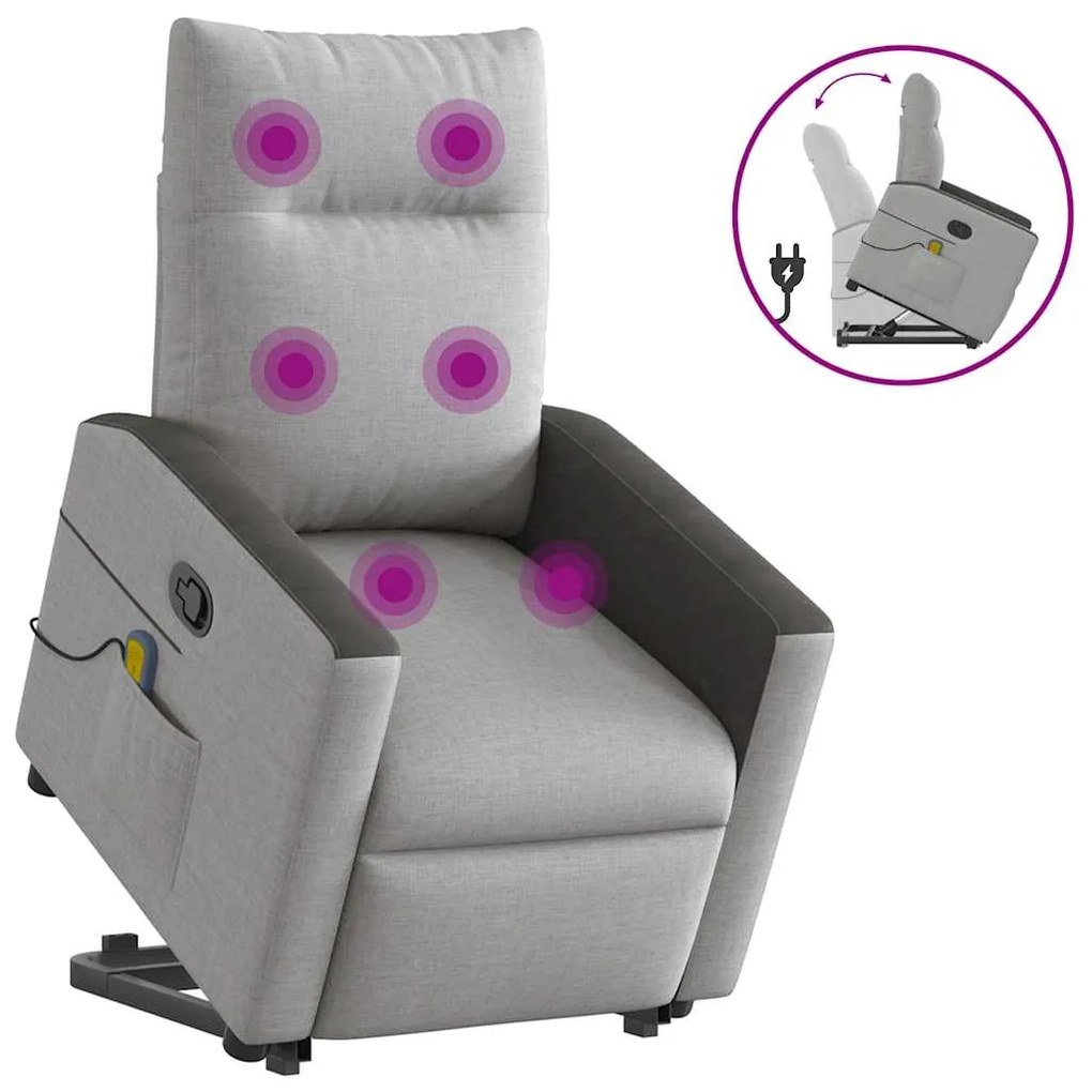 vidaXL Poltrona elevatória de massagens tecido cinzento-nublado