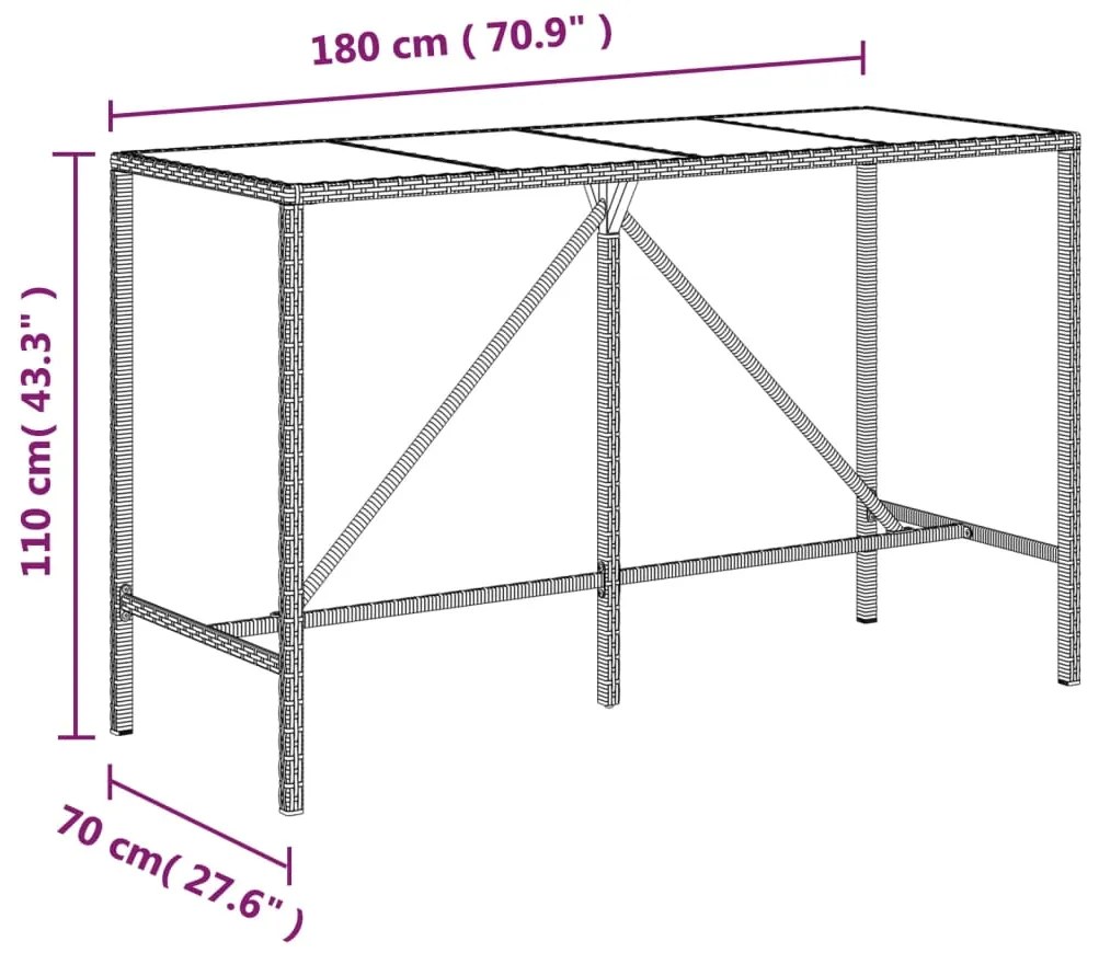 Mesa de bar com tampo de vidro 180x70x110 cm vime PE castanho