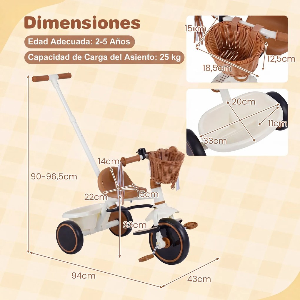 Triciclo Infantil Evolutivo, 94 x 43 x 90-96,5 cm, Pega de Empurrar Regulável em 4 Alturas, Branco