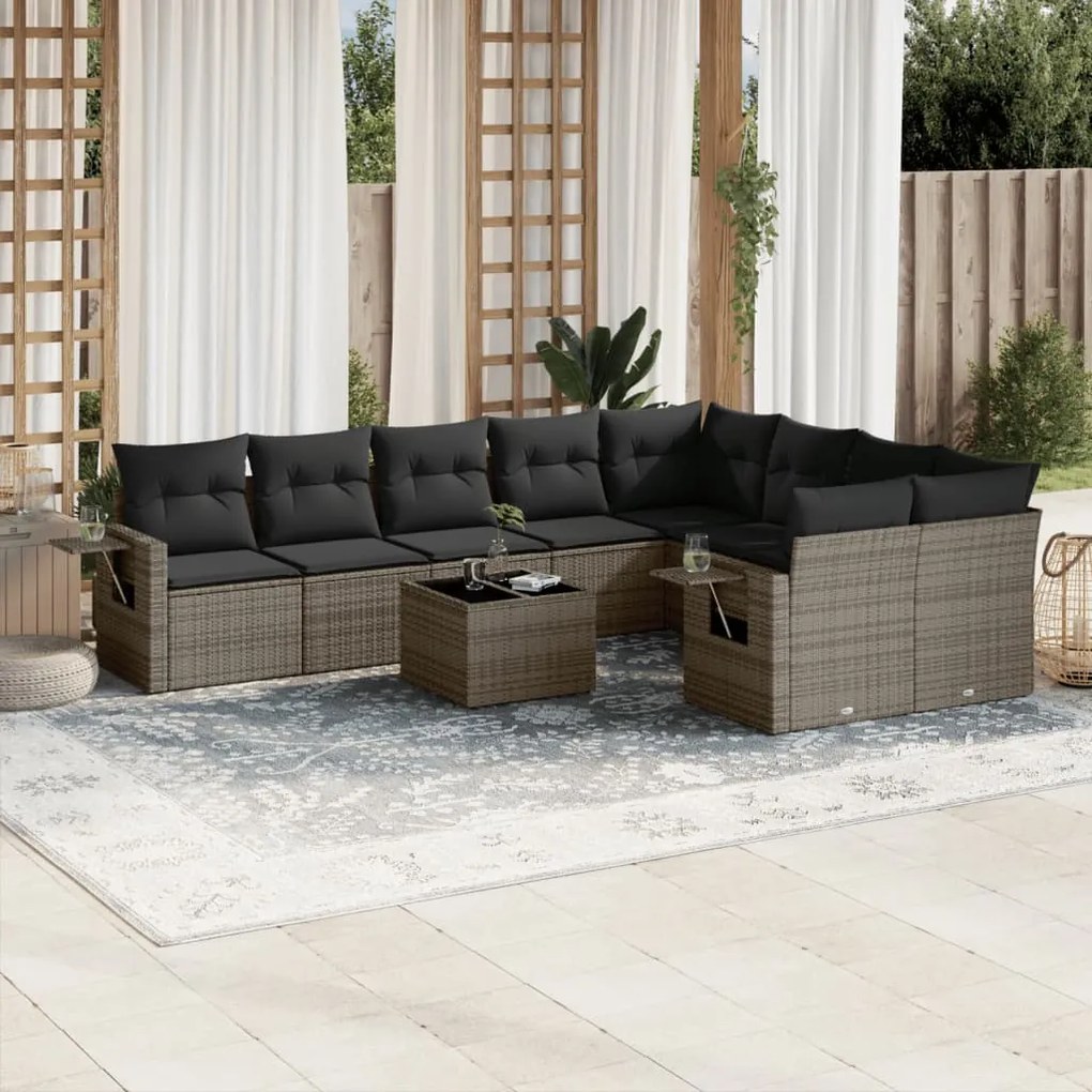 10 pcs conjunto sofás de jardim c/ almofadões vime PE cinzento