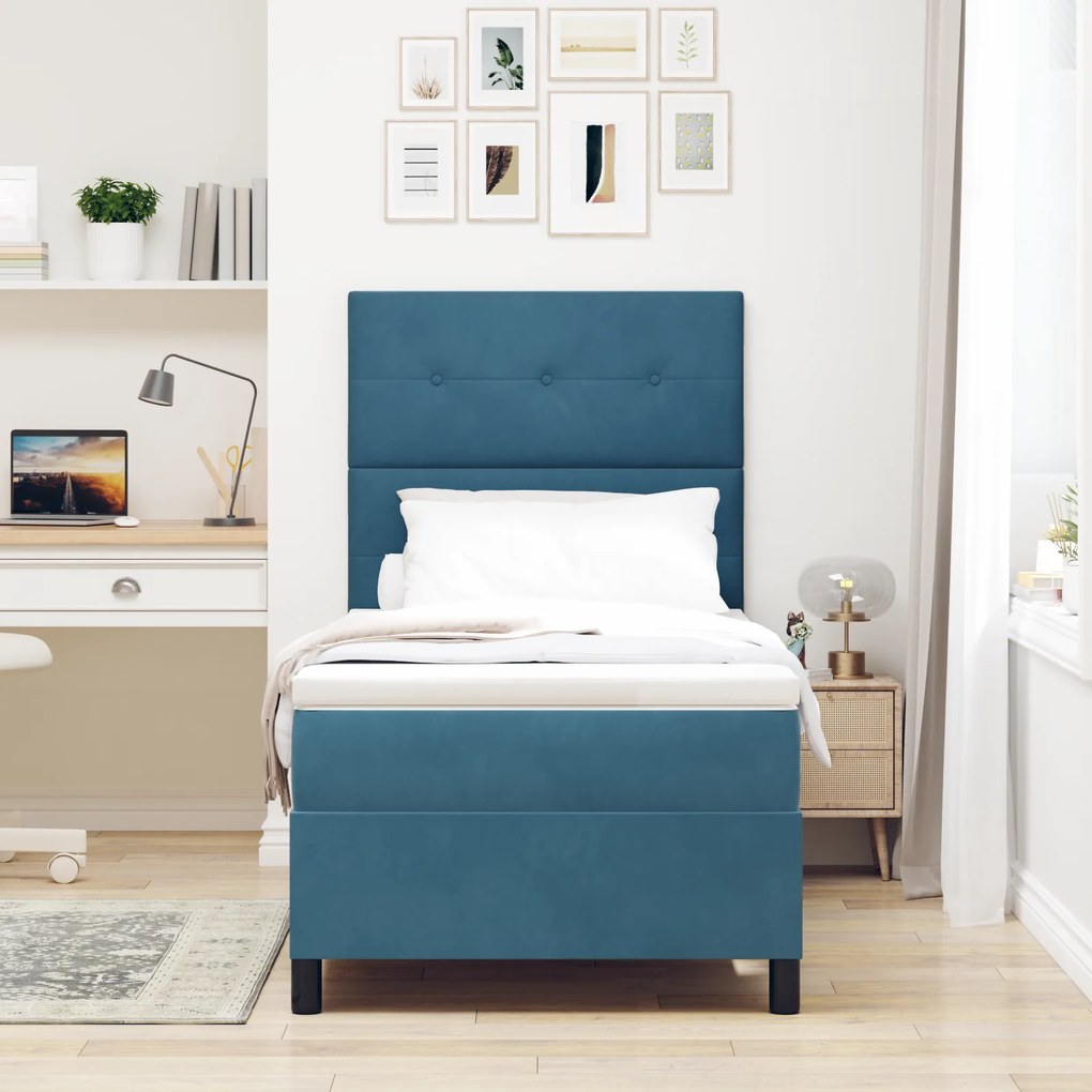 Cama Box Spring vidaXL com Colchão Azul Escuro 90x200 cm em Veludo