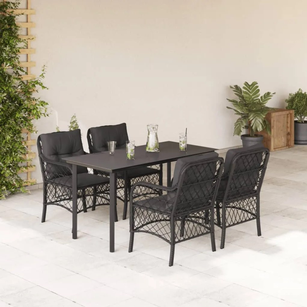 5 pcs conjunto de jantar p/ jardim c/ almofadões vime PE preto