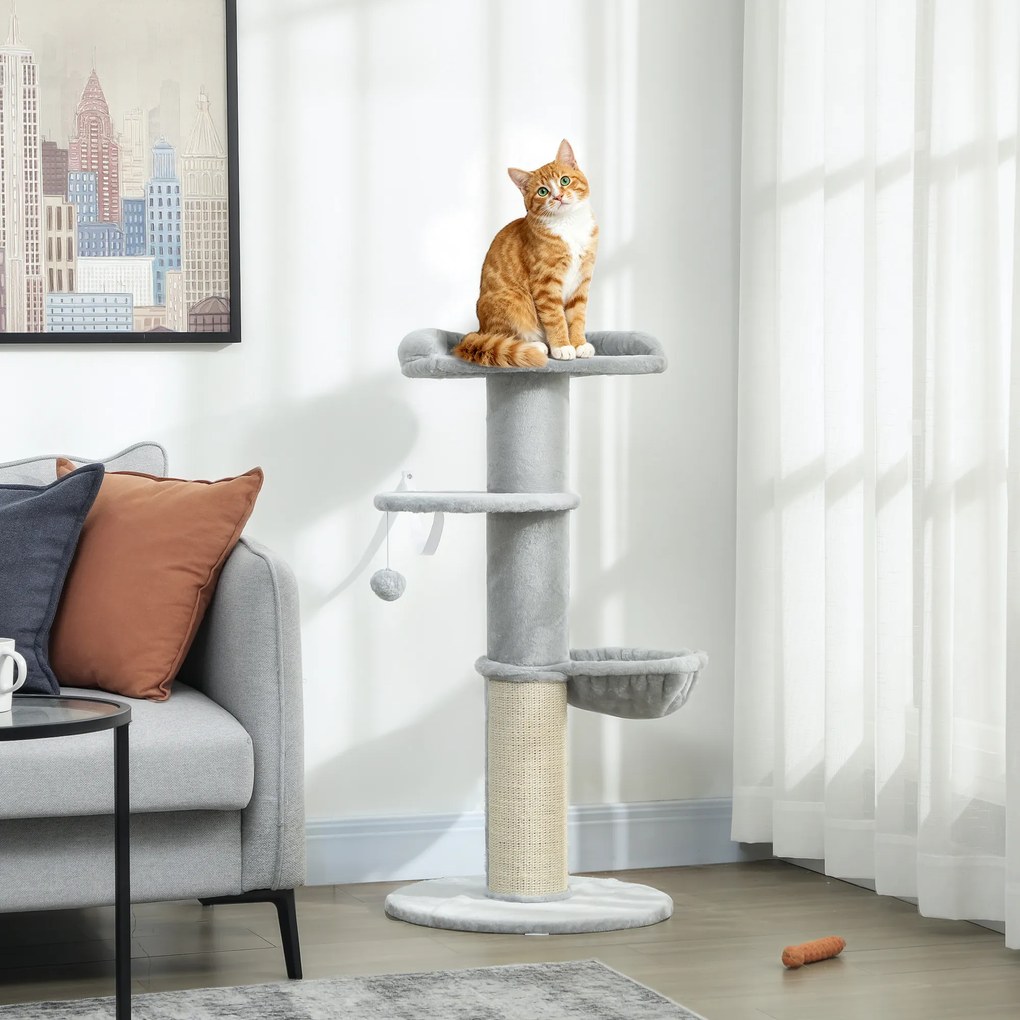 Arranhador para gatos em forma de barril com arranhador de sisal, rede, plataforma e bola de brincar, Ø 48 x 103,5 cm, cinzento claro