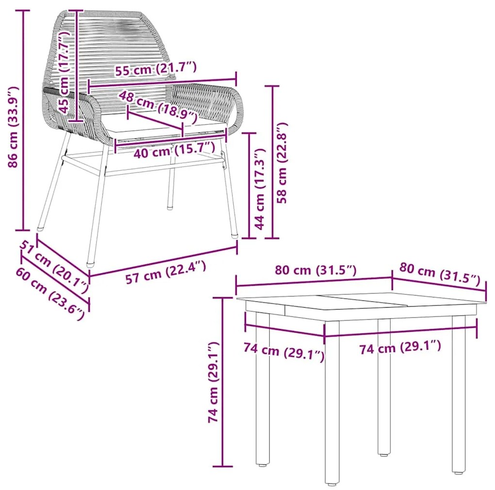 Conjunto de jantar jardim 5 peças almofadas vidro vime PE preto