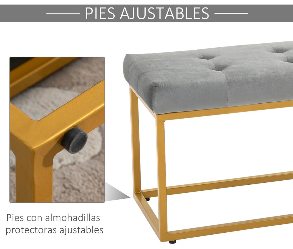 HOMCOM Banco multifuncional Banco de pés com assento acolchoado e pernas metálicas 120x35x42 cm cinza e dourado