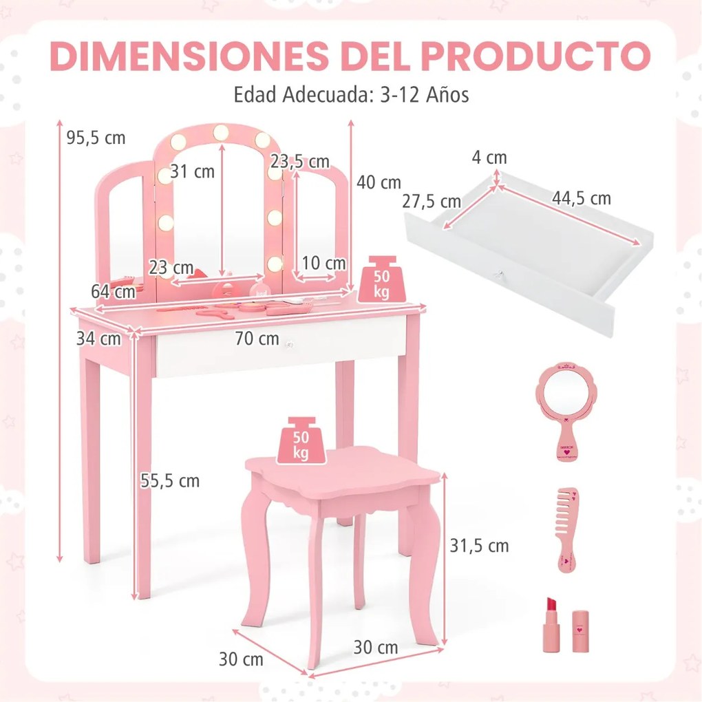 Conjunto de Toucador infantil Princesa 2 em 1 com espelho removível, luzes ajustáveis, banquinho e gaveta em imitação de madeira para maiores de 3 ano