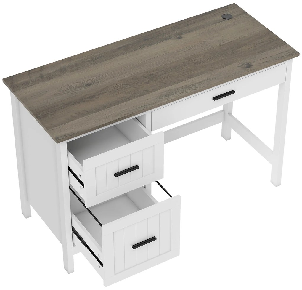 Secretária Rústica com 3 Gavetas e Bancada com Efeito Madeira Mesa para Computador para Estudo Escritório 120x50x76,2 cm Branco