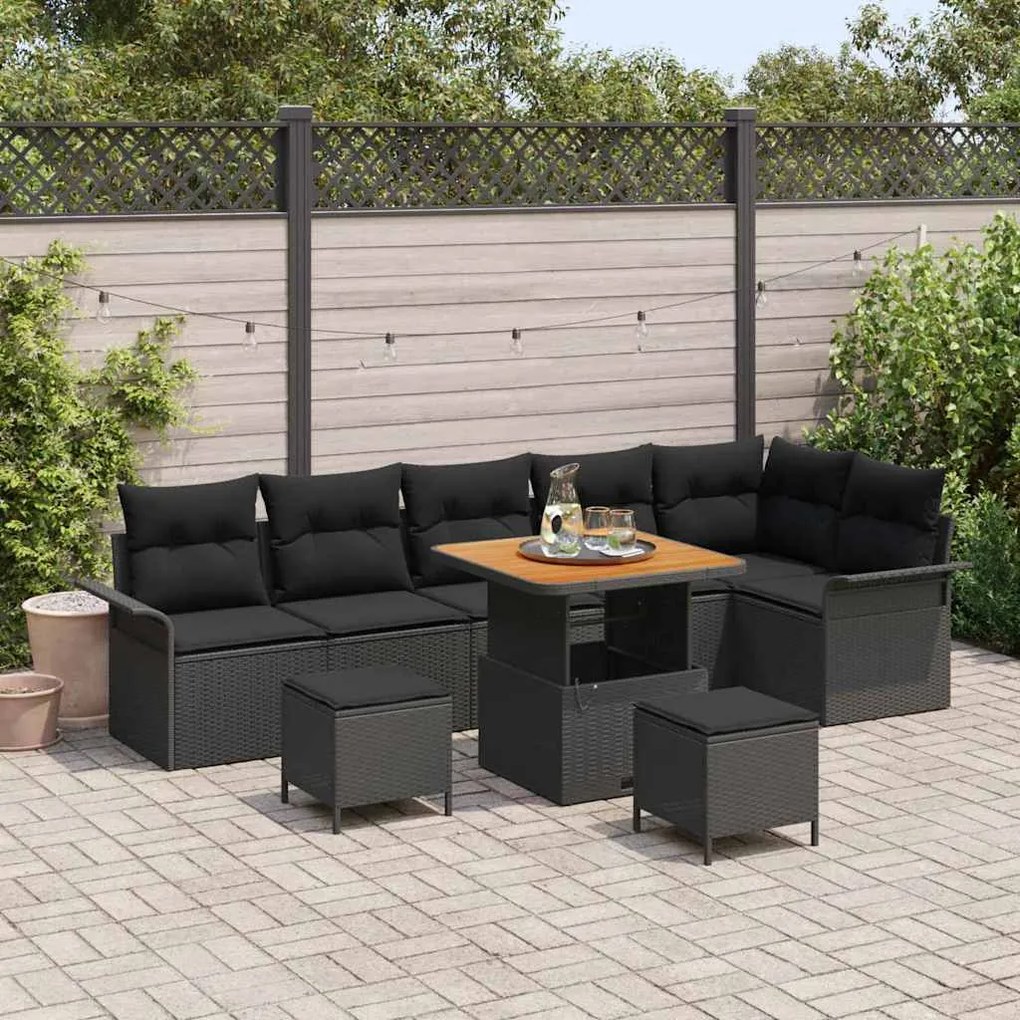 vidaXL Conjunto de sofá de jardim de 9 peças com almofadas pretas em rattan sintético e acácia.