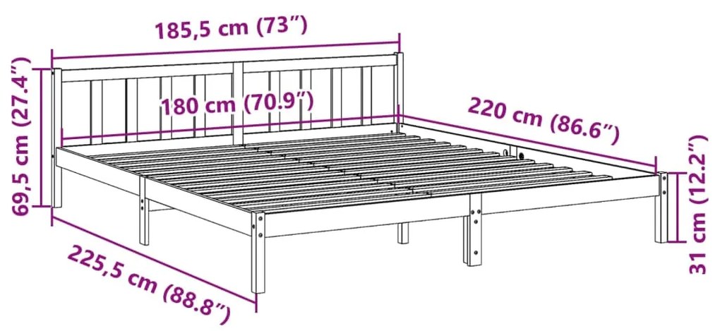 Cama extra longa sem colchão 180x220 cm madeira de pinho maciça