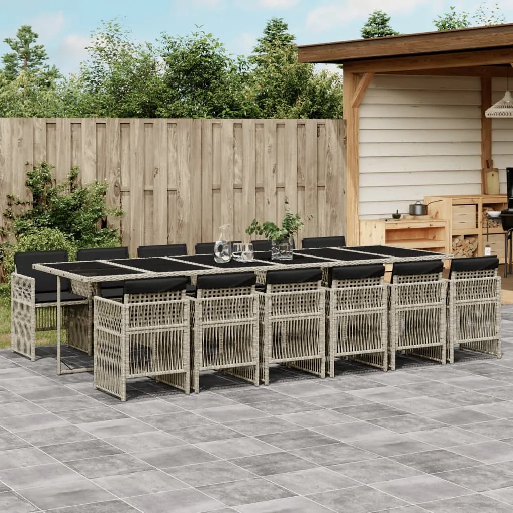 13 pcs conj. jantar jardim c/ almofadões vime PE cinzento-claro