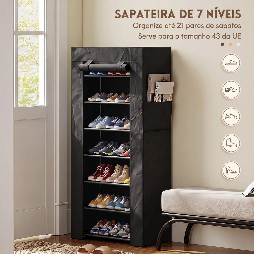 Sapateira de 7 Níveis em Aço com Capa em Tecido Não Tecido, 2 Bolsos, para 14-21 Pares, Preto