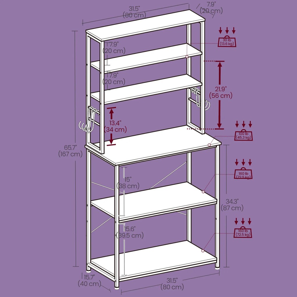 Armário de cozinha com estante para micro-ondas 40 x 80 x 167 cm cor de carvalho-branco 