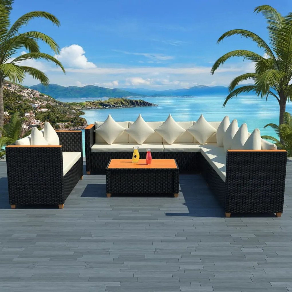 vidaXL 6 pcs conjunto lounge de jardim c/ almofadões vime PE preto