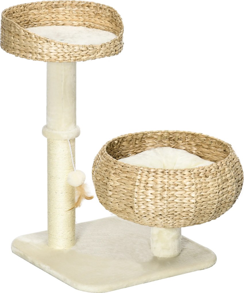 PawHut Árvore de Gato Arranhador 2 Níveis Altura 72 cm Poste Sisal com Toca e Plataforma 1 Bola Suspensa | Aosom Portugal