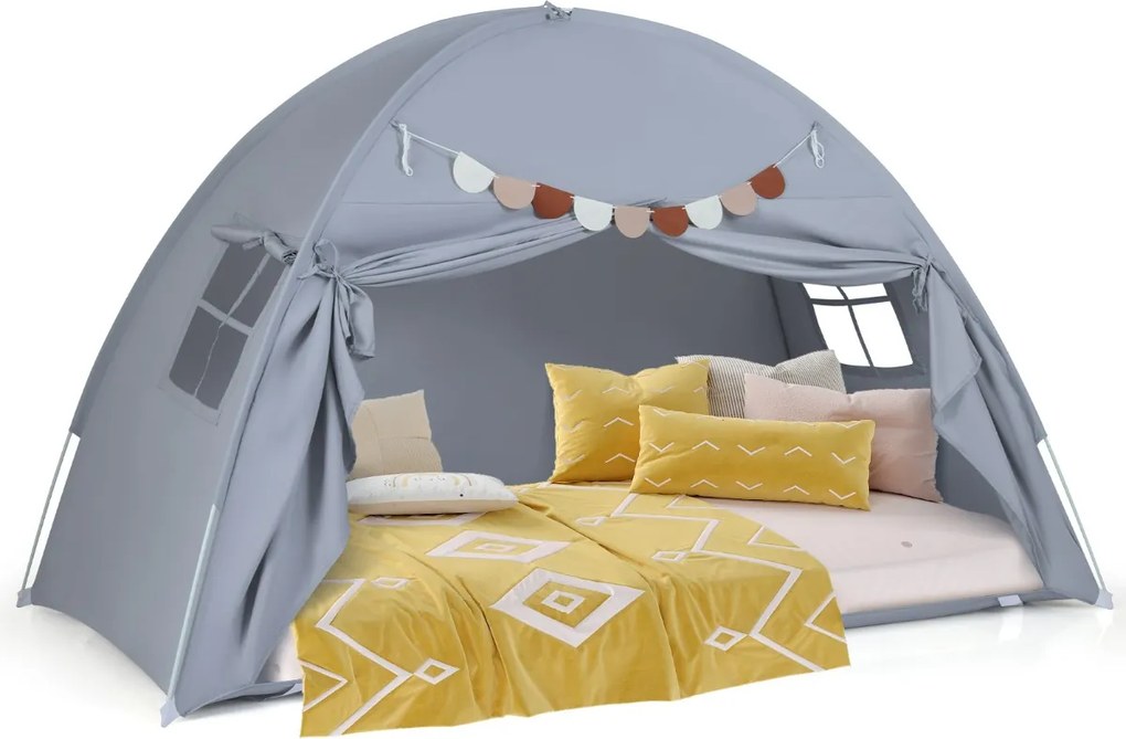 Tenda dobrável e portátil brincar para crianças 201 x 100 x 122 cm com 2 janelas e bandeiras para beliches duplos Cinzenta