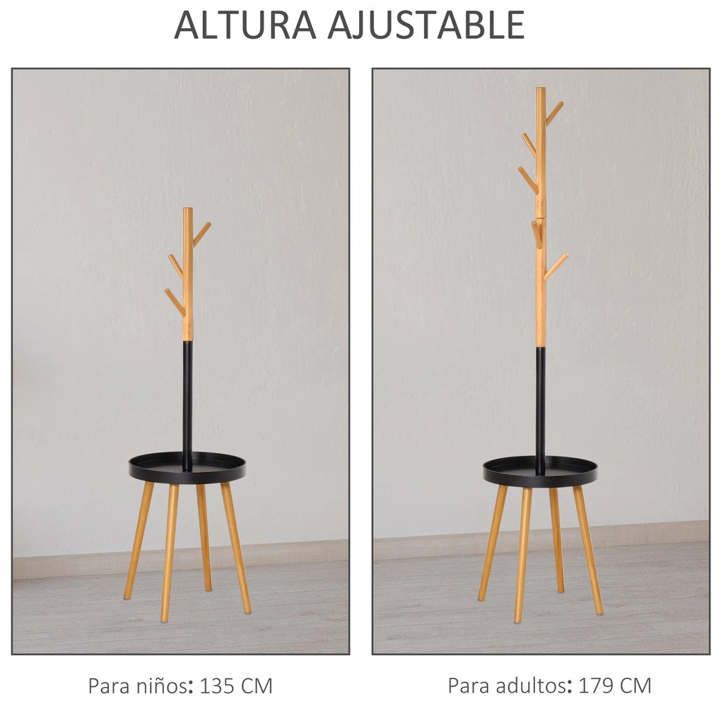 HOMCOM Cabide de Pé com Mesinha Auxiliar Redonda e 5 Ganchos com Altura Ajustável para Casacos Chapéus Bolsos Entrada 40x40x179cm Madeira Natural Preto