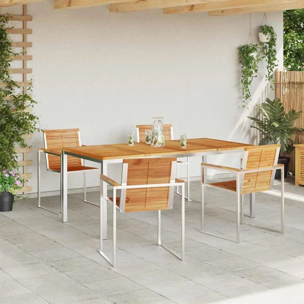 Conjunto de Jantar pra Jardim com 5 Peças : Mesa de Madeira Teak e Aço