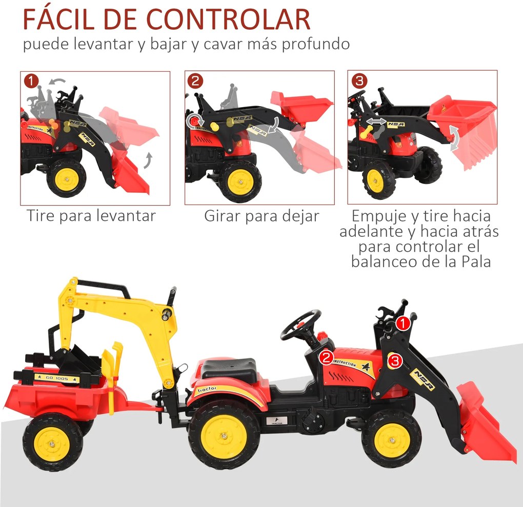 HOMCOM Trator de pedais com reboque escavadeira com pá frontal de brin