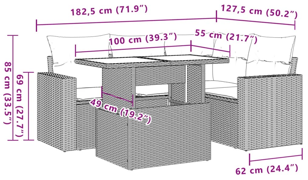 5 pcs conjunto de sofás p/ jardim com almofadões vime PE bege