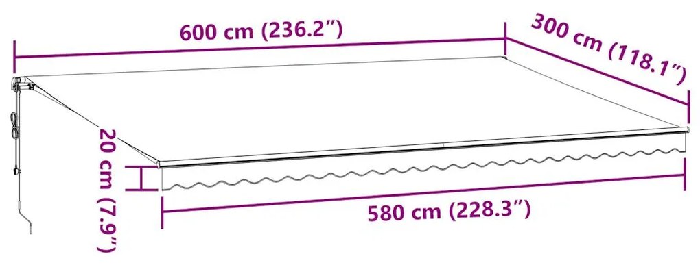 Toldo retrátil automático 600x300 cm antracite e branco