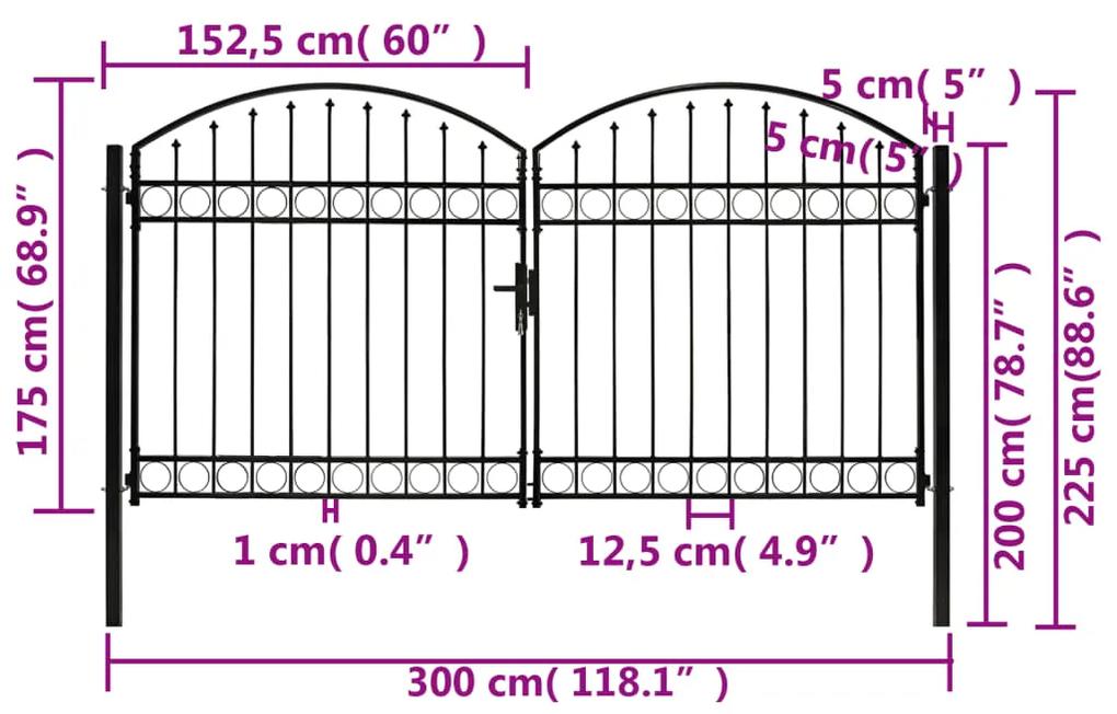 Portão p/ cerca porta dupla e topo arqueado 300x175cm aço preto