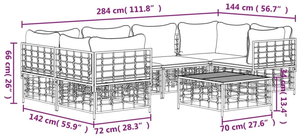 7 pcs conjunto lounge de jardim c/ almofadões vime PE antracite