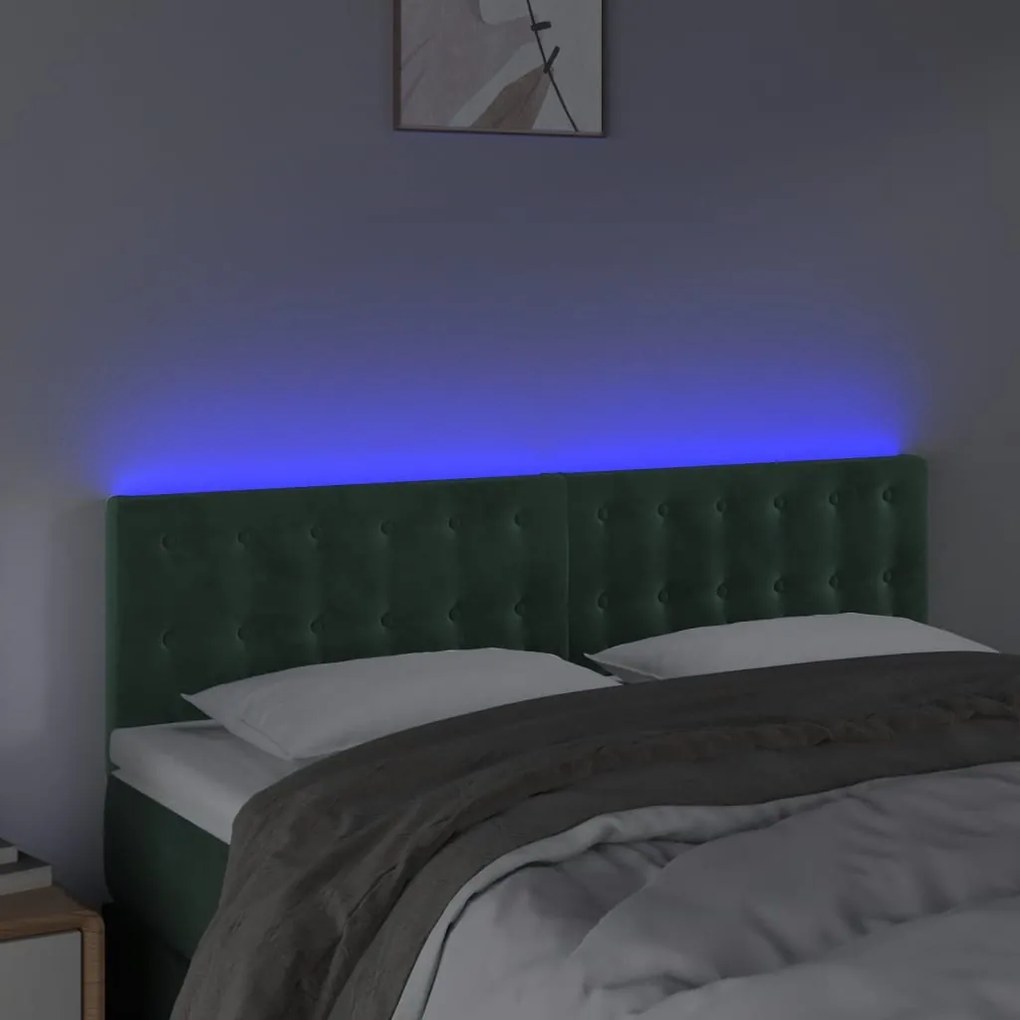 Cabeceira de cama c/luzes LED veludo 144x5x78/88cm verde-escuro