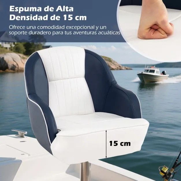 Assento para barco com almofada acolchoada e braços curvos para barco de pesca, iate ou lancha. Capacidade até 150 kg. 59 x 55 x 51 cm. Azul e branco.